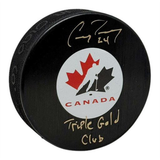 Corey Perry Signed Team Canada Puck Mid Size Logo Inscribed "Triple Gold Club"