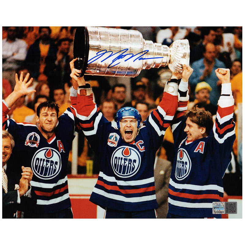 Mark Messier Edmonton Oilers Signed 8x10 Photo "90 Cup Overhead"