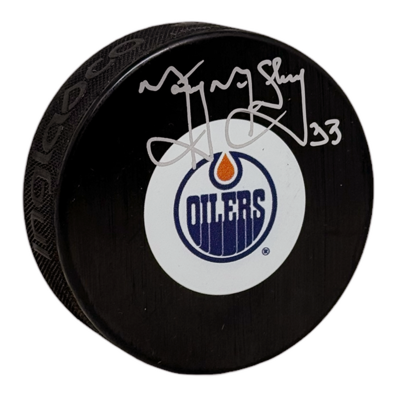 Marty McSorley Signed Edmonton Oilers Puck Medium Size Logo