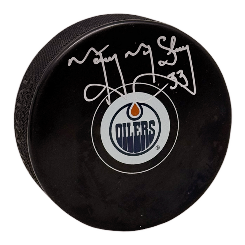 Marty McSorley Signed Edmonton Oilers Puck Small Size Logo