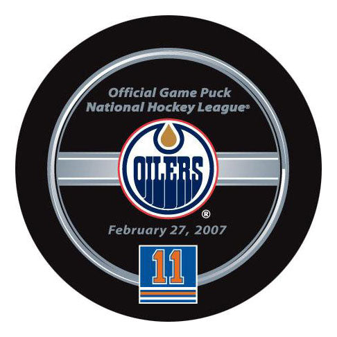 Mark Messier Edmonton Oilers Jersey Retirement Night Autographed Game Model Puck